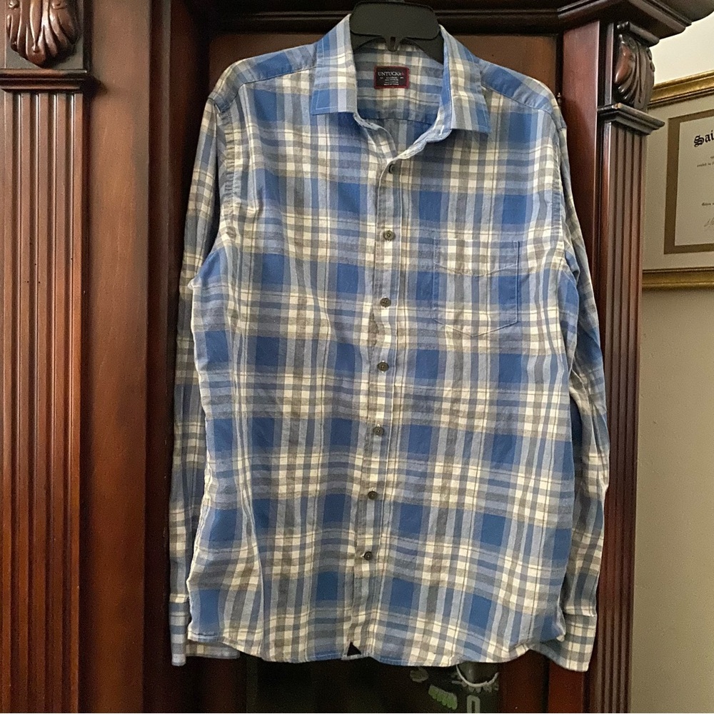 UNTUCKit FIANO Flannel Mens Blue White Grey Plaid XL Tall Reg Button Down Shirt